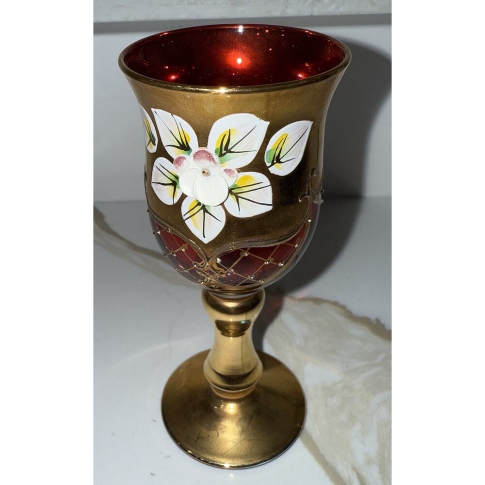 Vintage Venetian Replacement Murano Red Gold Tre Fuochi Cordial Glass 5x2”